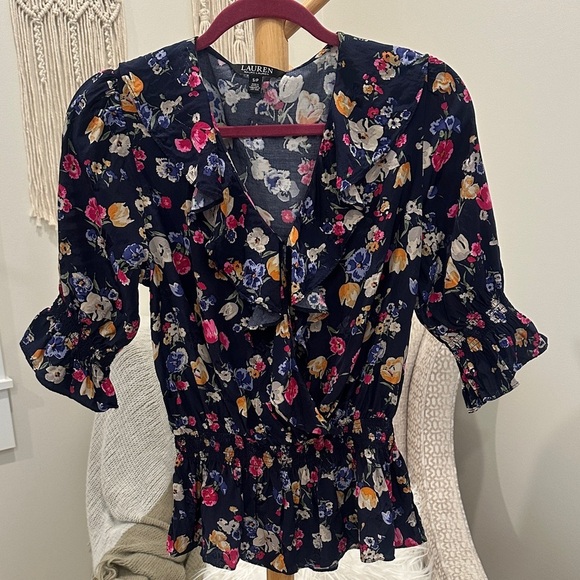Ralph Lauren Tops - Lauren Ralph Lauren Floral Wrap Blouse Navy Size Small Petite